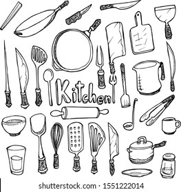 Set of Kitchen Drawing illustration Hand drawn doodle Sketch line vector