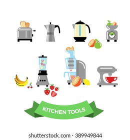 Set of kitchen electronic tools. Flat design style. Juicer, blender, mixer, toaster, kitchen weight, electric kettle, italian coffee kettle. Vector illustration.