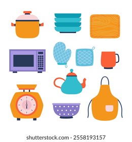 set of kitchen elements in cartoon flat style, collection of vector icons as saucepan, microwave, plates, apron, blender, scales and a cup with a teapot isolated on white background