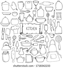 Set with kitchen elements. Ladle, pot, fork, teapot, Board, glass, vase, mug, rolling pin, plate on a white background. Vector isolated illustration with kitchen accessories. Doodle style.