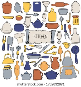 Set with kitchen elements. Ladle, pot, fork, teapot, Board, glass, vase, mug, rolling pin, plate on a white background. Vector isolated illustration with kitchen set for the cook. Doodle style. 