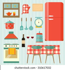 Set of kitchen elements:refrigerator, stove,cupboards,table and chairs. Vector flat illustration