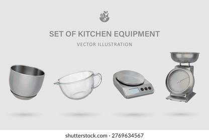 A Set of Kitchen Equipment 3D Vector Items: Stainless Steel Bowl, Spouted Glass Bowl, Digital Scale, Analog Scale
