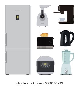 Set of kitchen equipment on a white background. There is a refrigerator, meat grinder, toaster, crock pot, kettle, blender and coffee machine in the picture. Vector illustration