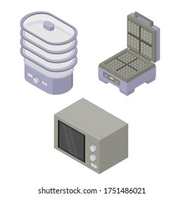 Set of kitchen equipment - a steamer, a waffle iron, a microwave. Items helping in cooking. Style is isometry. Vector isolated illustration.
