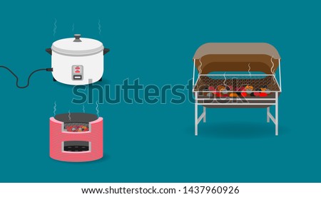 set of kitchen equipment with tank toaster charcoal rice cooker. vector illustration eps10