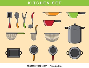 Set of kitchen equipments icon like frying pan, cooking pot and cutlery. Vector illustration