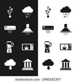 Set Kitchen extractor fan, Air conditioner, USB, Cloud with snow and rain, Blender and Microwave oven icon. Vector