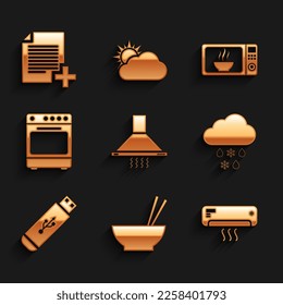 Set Kitchen extractor fan, Bowl with chopsticks, Air conditioner, Cloud snow and rain, USB flash drive and Oven icon. Vector
