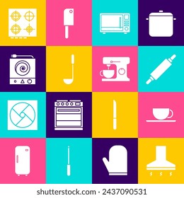 Set Kitchen extractor fan, Coffee cup, Rolling pin, Microwave oven, ladle, Electric stove, Gas and mixer icon. Vector