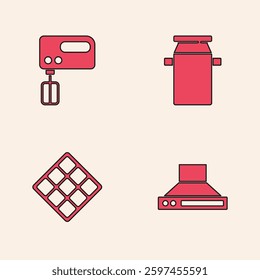 Set Kitchen extractor fan, Electric mixer, Can container for milk and Waffle icon. Vector