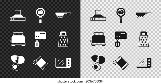 Set Kitchen extractor fan, Fried eggs on frying pan, Frying, Broken, Packet of pepper, Microwave oven, Toaster and Electric mixer icon. Vector