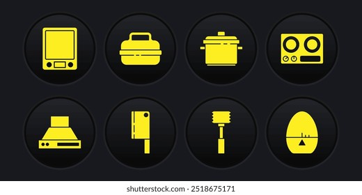 Set Kitchen extractor fan, Gas stove, Meat chopper, hammer, Cooking pot, timer and Electronic scales icon. Vector