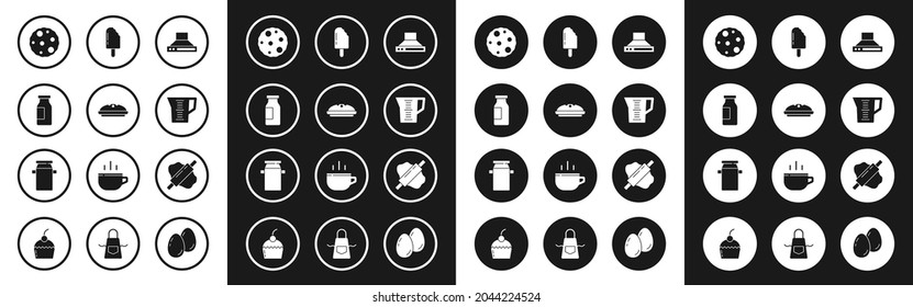 Set Kitchen Extractor Fan, Homemade Pie, Bottle With Milk, Cookie Biscuit, Measuring Cup, Ice Cream, Rolling Pin On Dough And Can Container For Icon. Vector