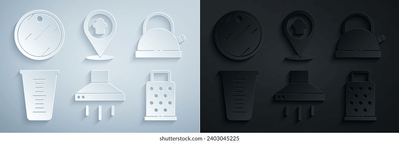 Set Kitchen extractor fan, Kettle with handle, Measuring cup, Grater, Chef hat location and Cutting board icon. Vector