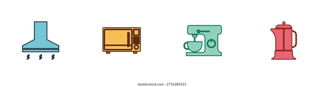 Set Ventilador extractor de cocina, horno de microondas, mezclador eléctrico e icono de prensa francés. Vector