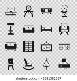 Set Kitchen extractor fan, Office desk, Armchair, TV table stand, Chair,  and Bed icon. Vector