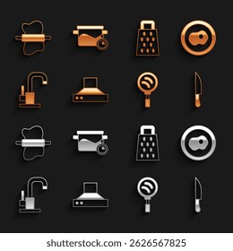 Set Kitchen extractor fan, Scrambled eggs, Knife, Frying pan, Water tap, Grater, Rolling pin on dough and Cooking pot icon. Vector