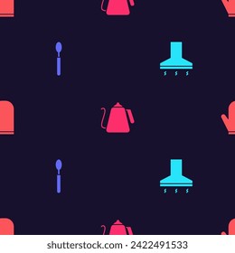 Set Kitchen extractor fan, Spoon, Kettle with handle and Oven glove on seamless pattern. Vector