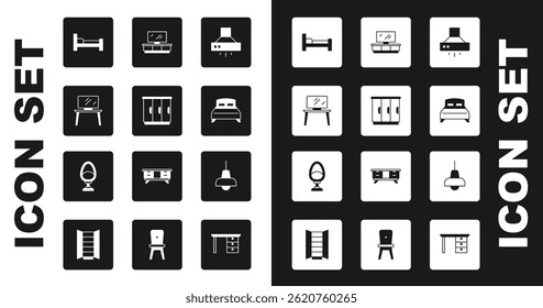 Set Kitchen extractor fan, Wardrobe, TV table stand, Bed, Big bed, Lamp hanging and Armchair icon. Vector