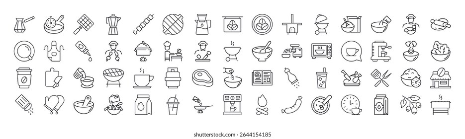 Conjunto de cozinha, comida, churrasqueira Ícones de linha relacionados. Outline Signs para Gráficos e Web Design, Apps, Anúncios, Vários Cartões 