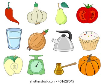 set of kitchen and food related illustrations