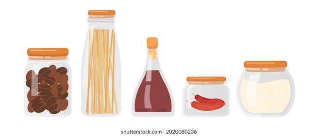 Set of kitchen food storage containers with pasta, flour, coffee beans, peas and hot peppers on white background. Sealed glass transparent boxes for dry bulk products. Flat cartoon vector illustration
