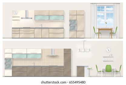 Set of kitchen furniture in a realistic 3D style. Detailed vector illustration. Orthographic view.