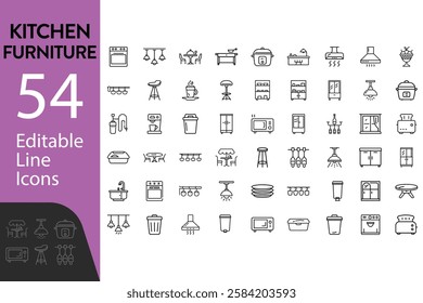 Set Of Kitchen Furniture Related Editable Icons Contains Such As Fruit Basket, Lights, Pot Holders And Rice Cooker Vector Illustration In Modern Thin Line Style On Isolated White Background