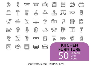 Set Of Kitchen Furniture Related Editable Icons Contains Such As Fruit Basket, Lights, Pot Holders And Rice Cooker Vector Illustration In Modern Thin Line Style On Isolated White Background