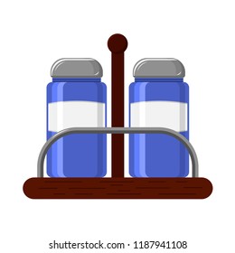 Set for kitchen glass saltcellar and pepper with metal covers on a wooden stand in the style of flat