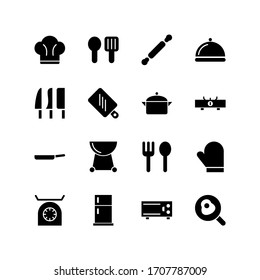 Conjunto de diseño de iconos glifos de cocina, como tabla de corte, cuchara, microondas, cuchillo y otros. Icono vector de glifo negro.