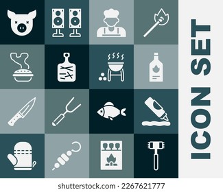 Set Kitchen hammer, Ketchup bottle, Tabasco sauce, Cook, Cutting board, Homemade pie, Pig and Barbecue grill icon. Vector