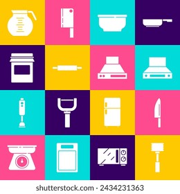 Set Kitchen hammer, Knife, extractor fan, Bowl, Rolling pin, Jam jar, Coffee pot and  icon. Vector