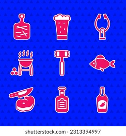 Ponga martillo de cocina, botella de Sauce, Ketchup, pescado, carne de filete y cuchillo, parrilla barbacoa, tongos de carne e icono de tabla de despiece. Vector