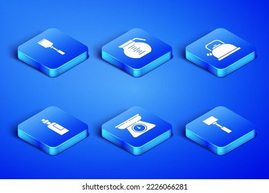 Set Kitchen hammer, Spatula, Scales, Bottle of olive oil, Coffee pot and Kettle with handle icon. Vector
