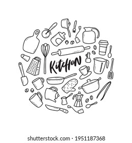 set of kitchen hand drawn doodles and lettering quote for stickers, prints, colorfing page, icons, clip art, logos, etc. EPS 10