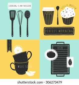 Set of kitchen hand drawn elements. Doodle vector food illustrations for kitchen design. Art of cooking. Kitchen card template 