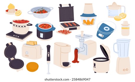 A set of kitchen household appliances for cooking. Toaster, meat grinder, juicer, mixer, blender.