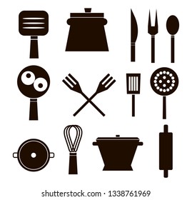 Set of kitchen icons. Collection of pots, pans, scrambled eggs, forks, legs, a colander, a whisk, a rolling pin