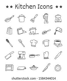 Set of Kitchen Icons in Doodle Style Vector Illustration