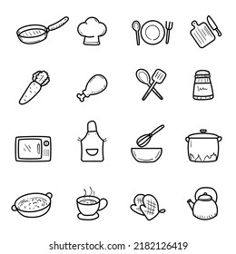 Juego de iconos de cocina con estilo de doodle aislado en fondo blanco
