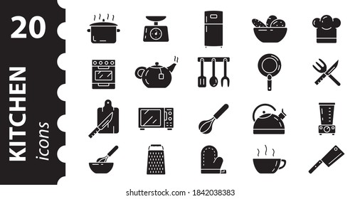 Set of kitchen icons. Flat design. Frying pan, chefs hat, chopping Board and kitchen utensils.