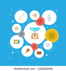 Set of kitchen icons flat style symbols with cooking cap, cutting board, scales and other icons for your web mobile app logo design.
