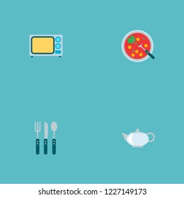 Set of kitchen icons flat style symbols with kettle, soup, cutlery and other icons for your web mobile app logo design.