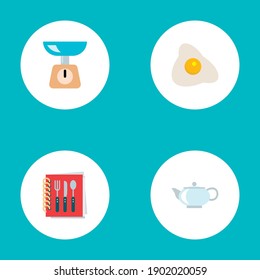 Set of kitchen icons flat style symbols with fried egg, recipe book, scales and other icons for your web mobile app logo design.