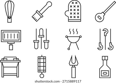 Conjunto de iconos de cocina que incluyen parrilla de espátula de guante de horno de cepillo mezclador y más aislados sobre fondo transparente