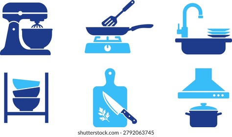 Set of kitchen icons including mixer, stove, sink, shelf, cutting board, and range hood. Modern graphic design.