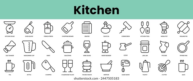 Set of kitchen icons. Linear style icon bundle. Vector Illustration