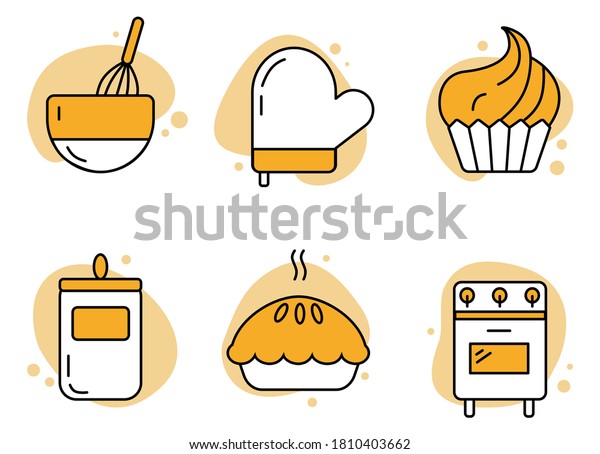 Set of kitchen\
icons with mixing bowl, potholder, muffin, flour jar, pie and oven.\
Flat symbols for bakery.